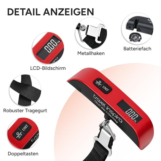 Thumbnail 6 de travel inspira digitale Kofferwaage mit Haken bis 50 kg (Reisewaage, rot)