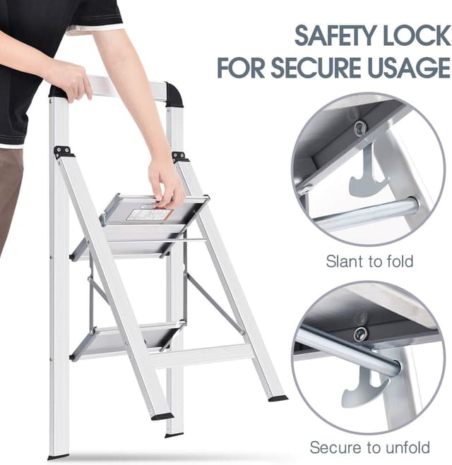 Detalle de KINGRACK Aluminium-Leiter mit 2 Stufen, klappbar inkl. Handlauf (bis 150 kg, silber)