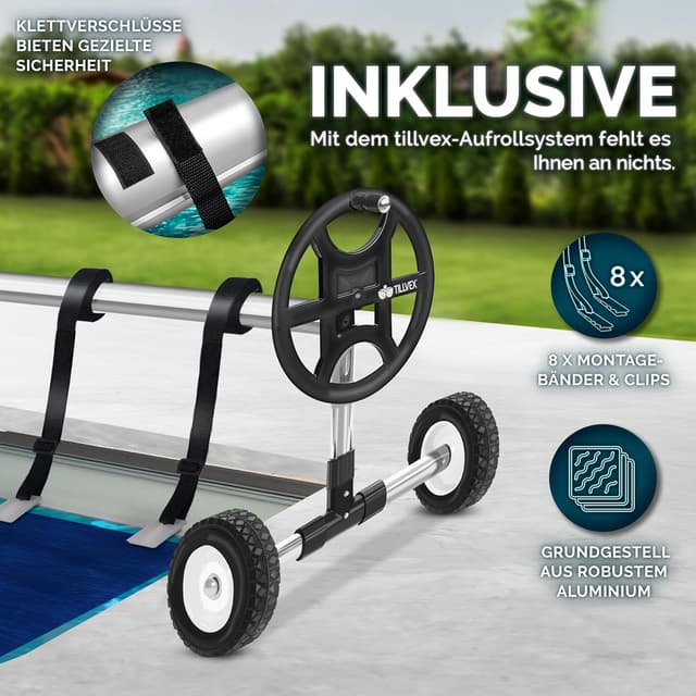 Detalle 2 de tillvex Pool Aufroller Premium 3–5,70 m – Aufrollsystem für Solarfolie und Poolabdeckung mit Vollgummireifen