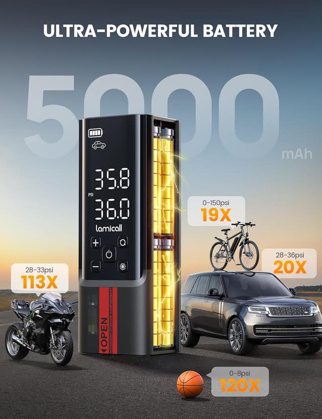 Detalle 2 de Lamicall Portable Car Tire Inflator (150 PSI) Cordless Air Compressor with Pressure Gauge & LED