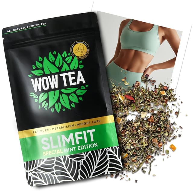 Detalle de WOW TEA Slimfit Kräutertee 21 Tage Mint – Minze, Grüntee & Himbeerblätter als tägliche Tee-Routine