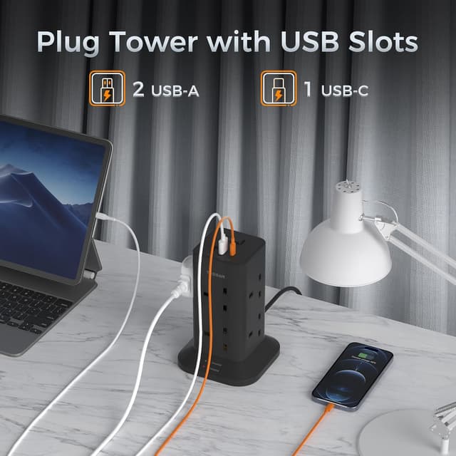 Detalle de TESSAN Tower Black 8-Way Extension Lead with USB-C and USB-A Ports (2m) — Surge Protected