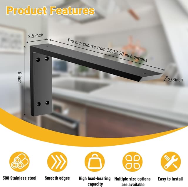 Detalle de Cuguords 20-Inch Countertop Support Bracket (4-Pack, 3/8-Inch Thick) for Granite, Quartz & More