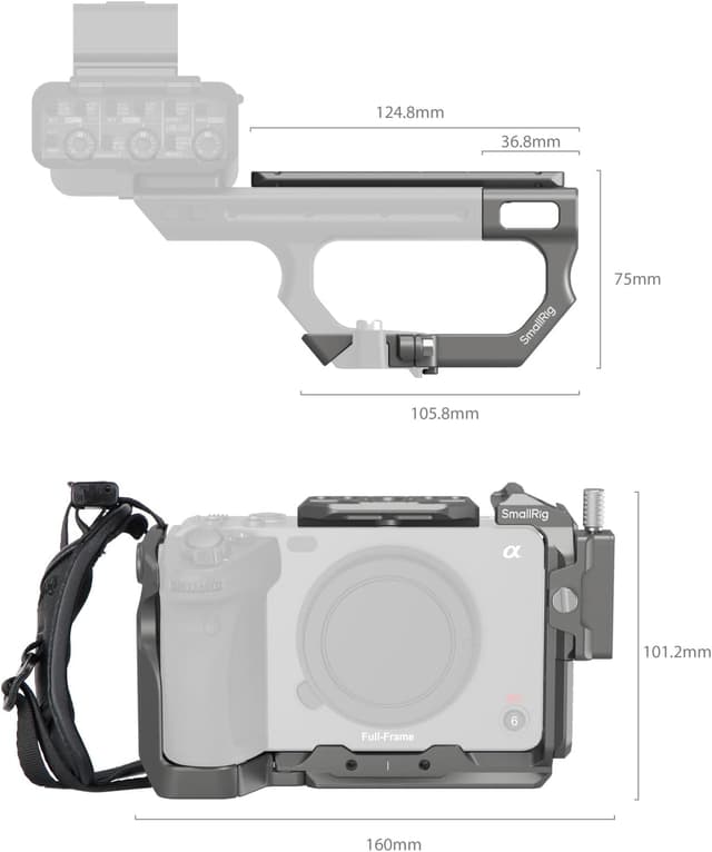 Detalle de SMALLRIG FX3 / FX30 HawkLock Schnellverschluss-Käfig-Kit (4771) – Handschlaufe, HDMI-Kabelklemme und NATO-Schiene für Sony