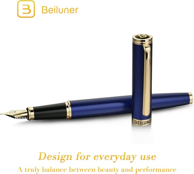Detalle de BEILUNER Luxury Fountain Pen with Piano Lacquer Finish, 24K Gold Accents and Fine Gilded Nib (Blue & Gold)