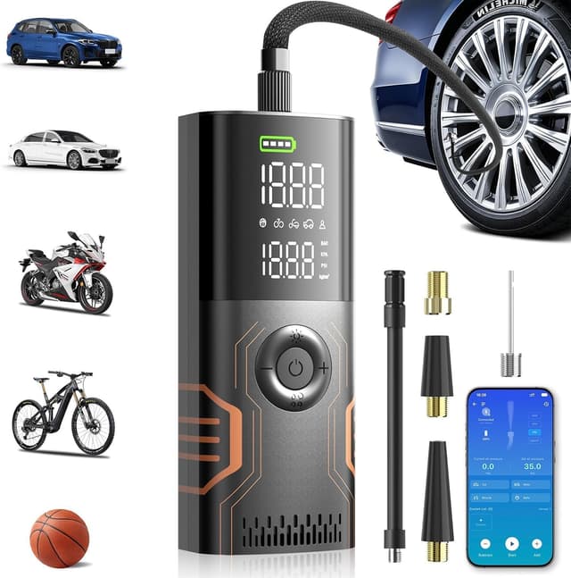 Detalle de Portable Tire Inflator Air Compressor with Smart APP Control (150 PSI) — All-in-One Storage Pump for Car, Motorcycle, Bicycle, and Balls