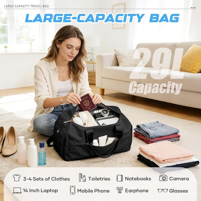 Detalle de WEPLAN Sporttasche für Damen & Herren mit Schuhfach und Nassfach (46 x 25 x 25 cm) – Schwarz