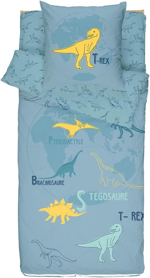 Detalle de Caradou Parure de lit enfant T-Rex 3 pièces sans couette 90x190 cm en coton (bleu vert)