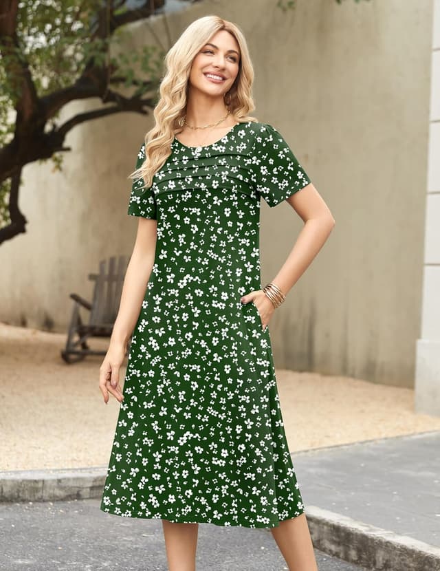 Detalle 2 de Zeagoo Women’s Casual Short Sleeve Flare Midi Dress with Pockets (Floral Pleated Front)