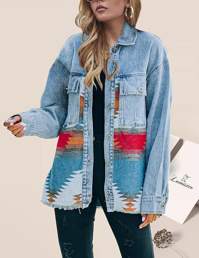 Detalle de Lumister Women’s Aztec Denim Jacket (Distressed Lapel, Long Sleeve Button-Down Shacket)