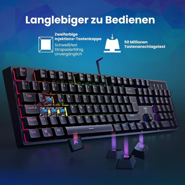 Detalle de Mechanische Gaming-Tastatur QWERTZ mit RGB und Blue Switches (104 Tasten) – USB-kabelgebunden, NKRO, wassergeschützt