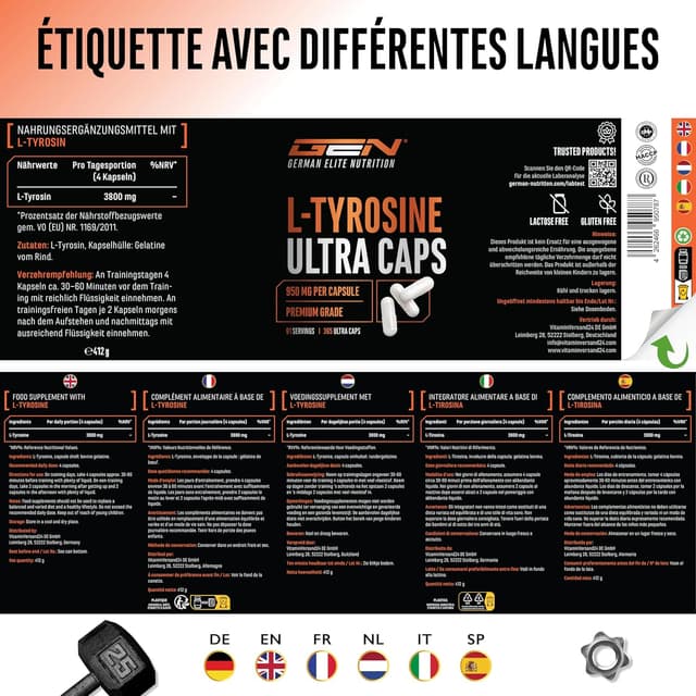 Detalle 2 de L-Tyrosine Ultra Caps – 365 gélules de L-tyrosine pure (950 mg) pour vos routines d’entraînement