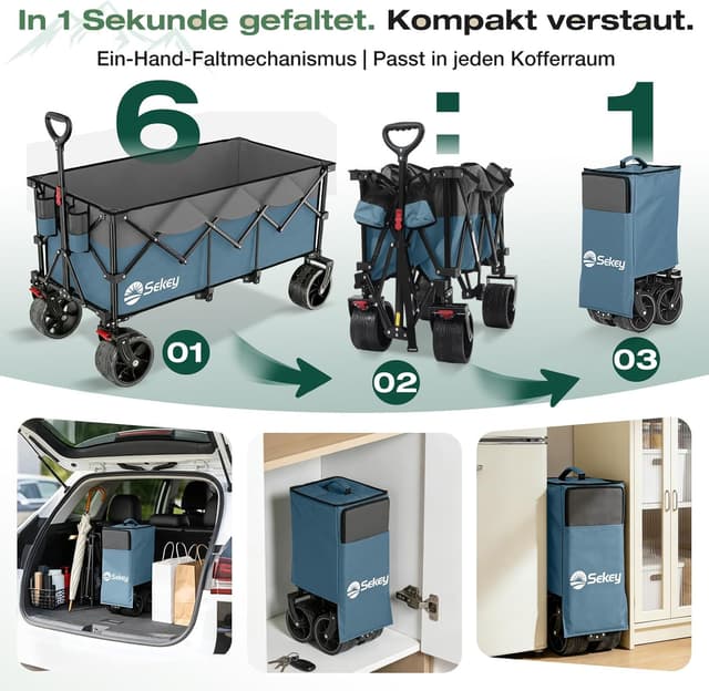 Detalle de Sekey XXXL faltbarer Bollerwagen mit 300 l und 200 kg Tragkraft – verlängertes Modell, All-Terrain-Räder, blau/grau