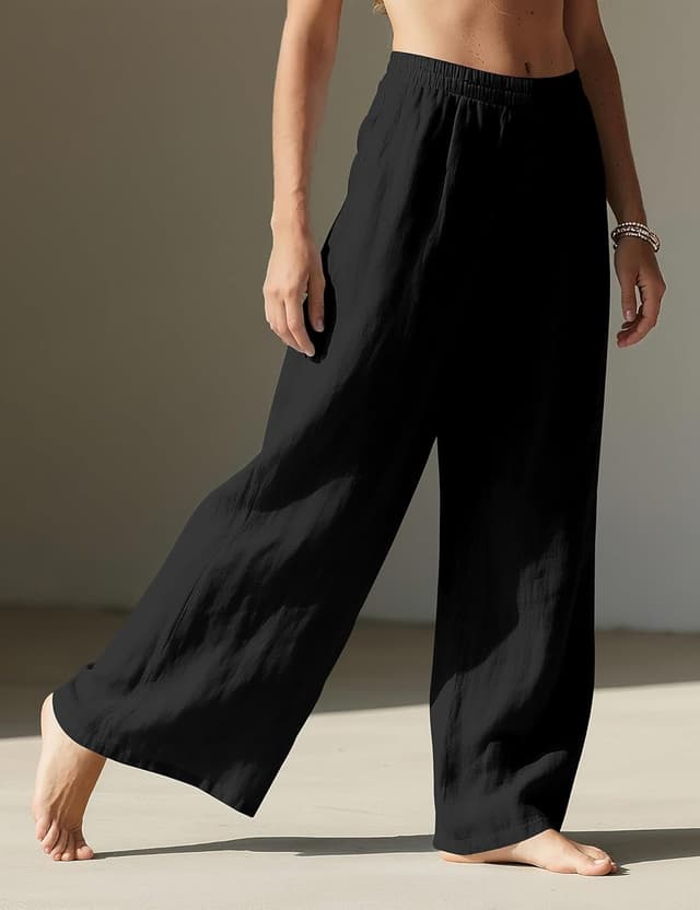 Detalle de Rapbin Linen Trousers for Women – Wide Leg Palazzo Pants with Elasticated Waist and Pockets