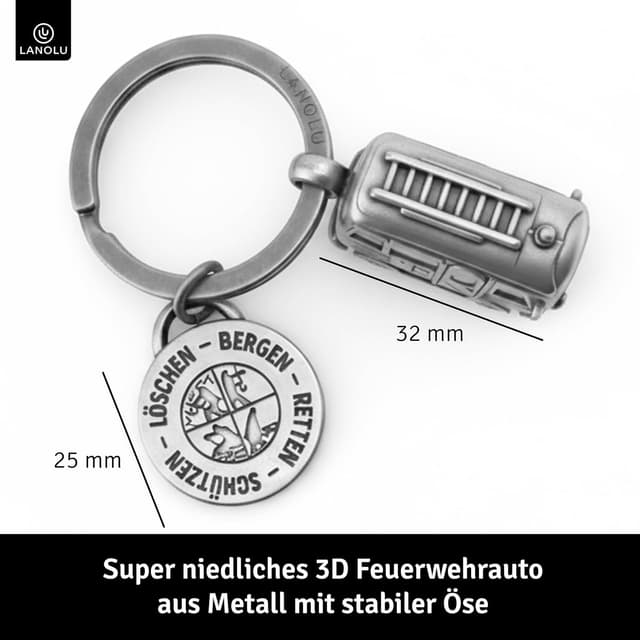 Detalle de LANOLU Schlüsselanhänger Feuerwehrmann mit 3D-Feuerwehrauto und beidseitiger Gravur