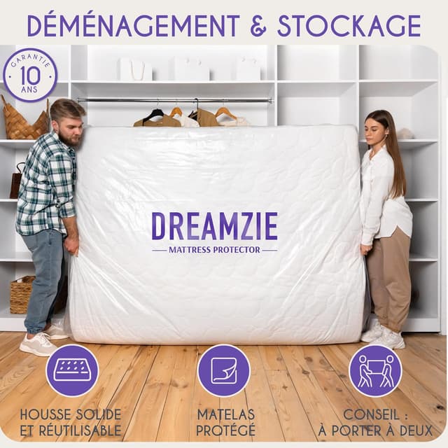 Detalle 2 de Dreamzie housse de protection matelas pour déménagement et stockage 160x200 cm (épaisseur 30 cm) avec fermeture éclair