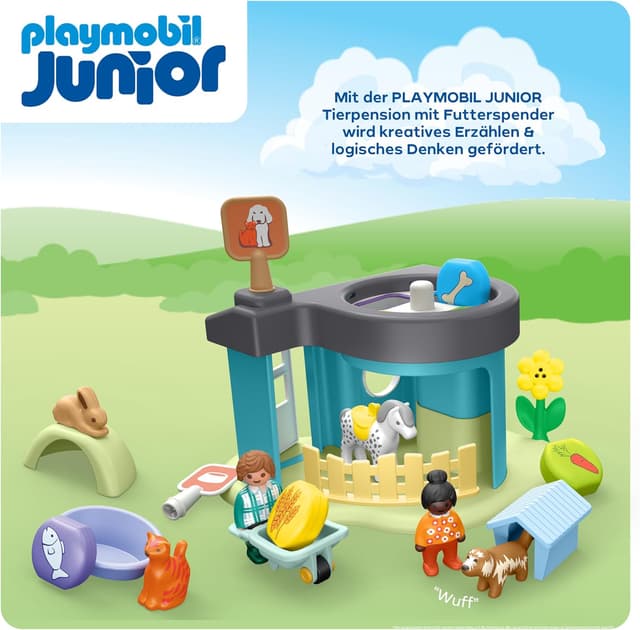 Detalle de PLAYMOBIL JUNIOR Tierpension mit Futterspender 71690 – Tierpflege zum Spielen ab 1 Jahr