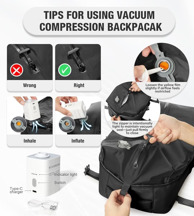 Detalle de BOXSAM Vakuum-Rucksack fürs Handgepäck (Airbag/Vakuumsystem, inkl. Pumpe) – Schwarz