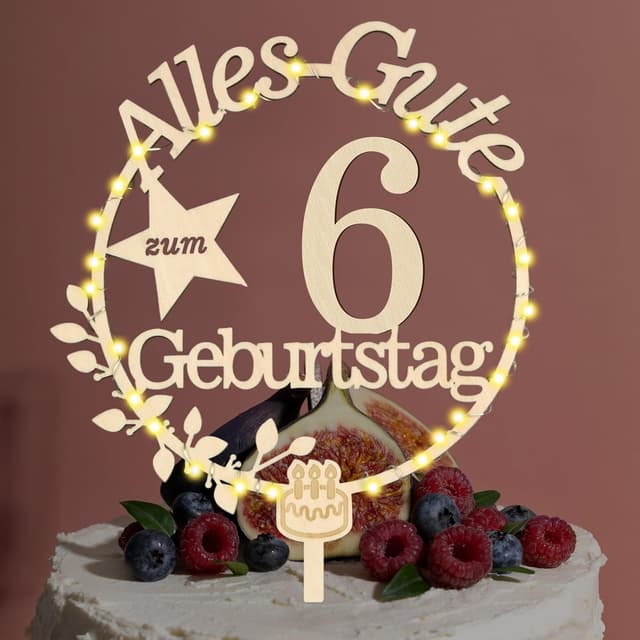 Thumbnail 3 de Cake Topper 6. Geburtstag Holz mit LED Lichterkette ⌚🎂