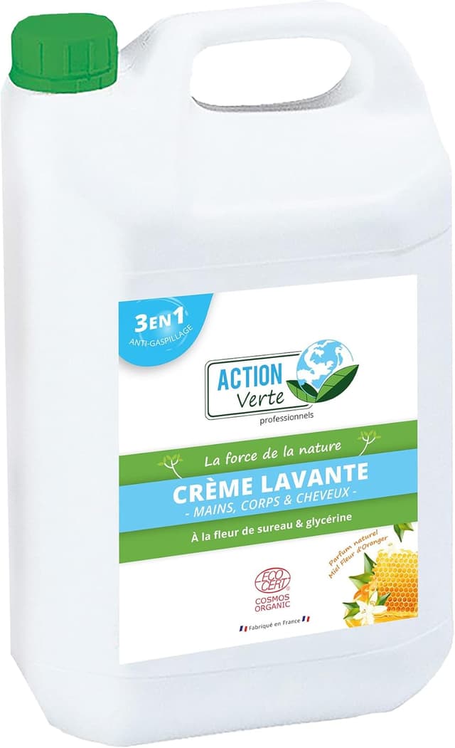 Detalle de ACTION VERTE – Crème lavante 3 en 1 (mains, corps & cheveux) 5L, parfum fleur d’oranger et miel, formule Ecocert