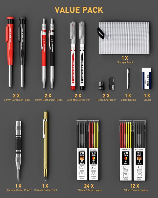 Detalle de STAGEEK Ensemble de crayons de charpentier avec taille-crayon, recharges, outil de traçage en carbure et gomme 4B