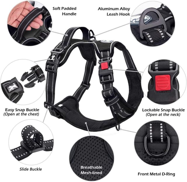 Detalle de PoyPet No Pull Dog Harness with Neck Release Buckle, Reflective Soft Padded Vest and Control Handle (Black, S)