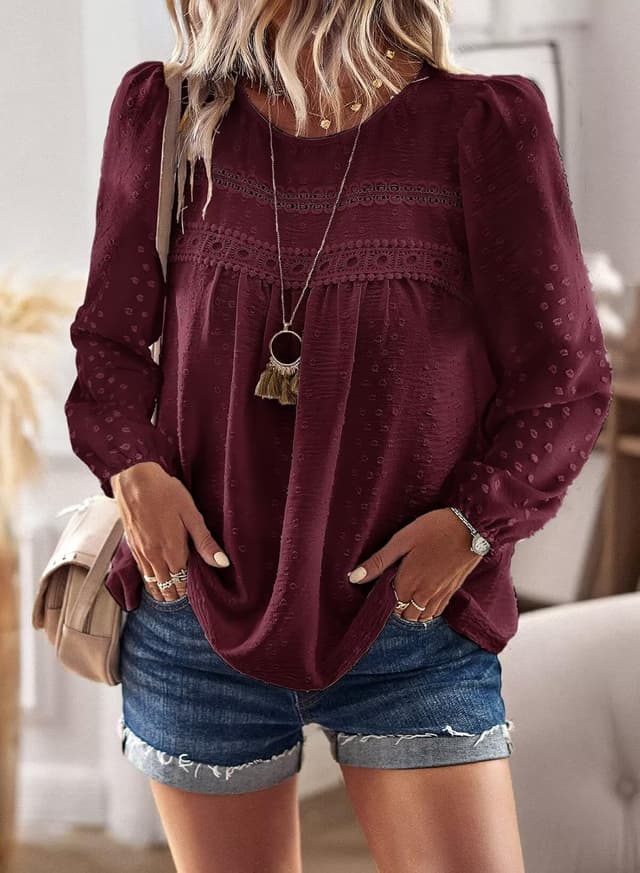 Detalle de TUUHAW Langarmshirt Damen Boho-Tunika mit Rundhals & Häkelapplikation