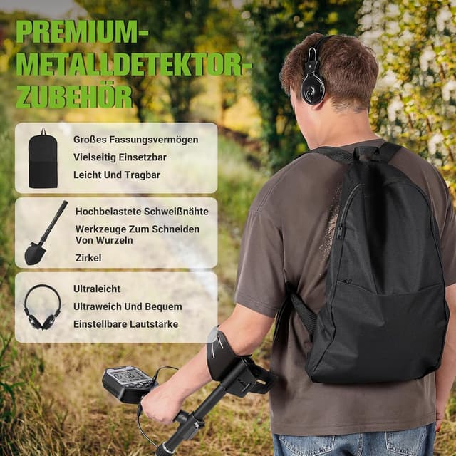 Thumbnail 6 de OneAmg Metalldetektor Profi – 5 Suchmodi, Pinpointer, IP68 Suchspule inkl. Kopfhörer, Schaufel & Rucksäcke