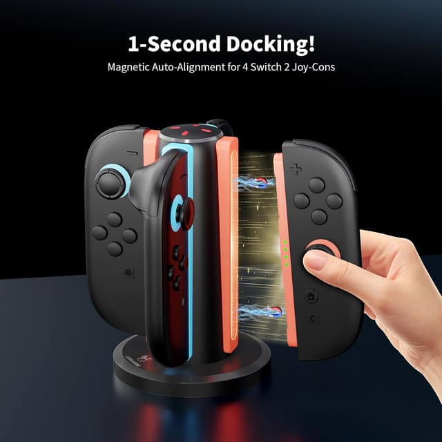 Detalle de AceGamer 4-In-1 Charging Dock for Nintendo Switch 2 Joy-Con (4-Port Magnetic Charging Station, Black)