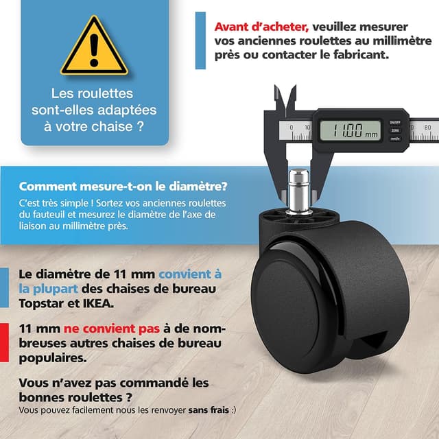 Detalle 2 de RAVN HAMAN lot de 5 roulettes pour chaises de bureau, perçage 11 mm (sols durs) jusqu’à 175 kg