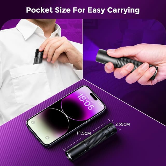 Detalle de GEARLITE UV Torch Rechargeable Ultraviolet Flashlight (395nm) – Mini UV Black Light Detector