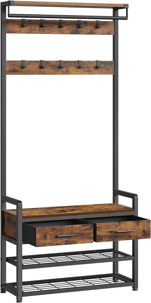 Detalle de VASAGLE HSR429B01 : porte-manteau d’entrée avec 10 crochets amovibles, 2 tiroirs et banc chaussures