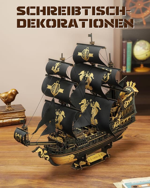Detalle 2 de ROKR 3D Puzzle Holzbausatz The Seahorse Barque (MCB02) – Boot-Modell zum Selberbauen ohne Klebstoff