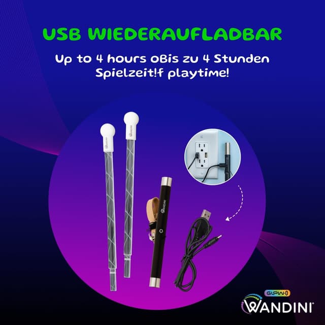 Detalle 2 de Wandini Glow.0 Magic Wand – zusammenklappbares LED-Lichtschwert mit USB-ladbarem Jonglierstab