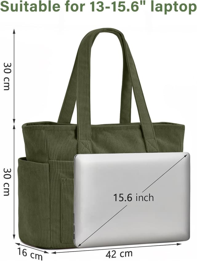 Detalle de oscaurt Corduroy Tote Bag with 13 Pockets (20-litre capacity) – organiser shoulder bag for work, school and travel