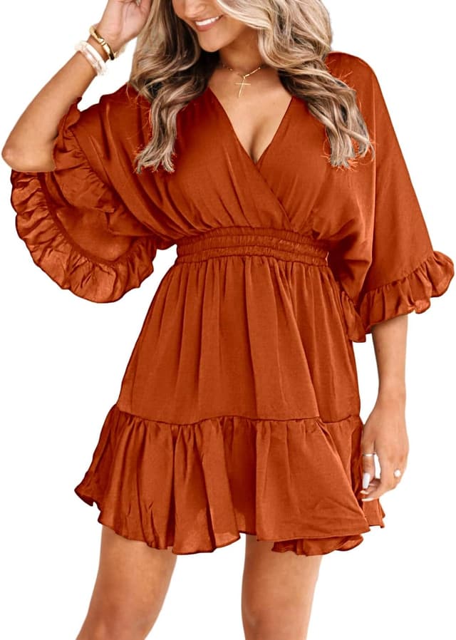 Thumbnail 6 de Aoysky V-Neck Smocked-Waist Ruffle Mini Dress for Summer