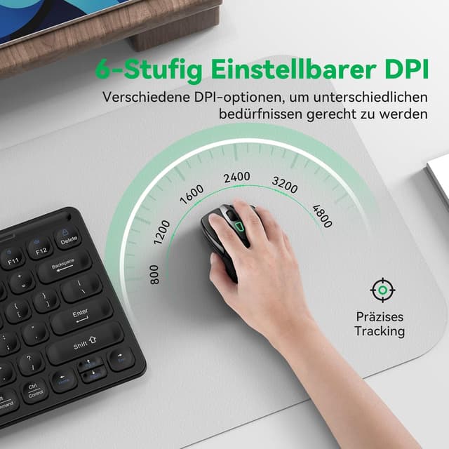 Detalle 2 de TechRise Bluetooth Maus mit 2.4G & BT 5.0/3.0, 4800 DPI, wiederaufladbar (USB‑A Empfänger), leise Funkmaus, Schwarz
