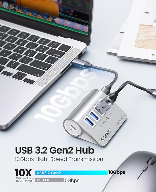 Detalle 2 de ORICO Hub USB C 4 porte con velocità fino a 10Gbps e alimentazione USB-C 5V/2A (cavo 0,5 m)