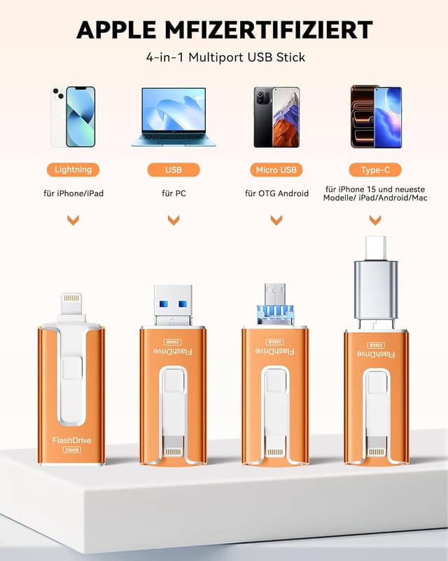 Detalle de SUDEHO USB Stick 256 GB für iPhone (MFi-zertifiziert) – 4-in-1 Flashlaufwerk mit Plug-and-Play Backup