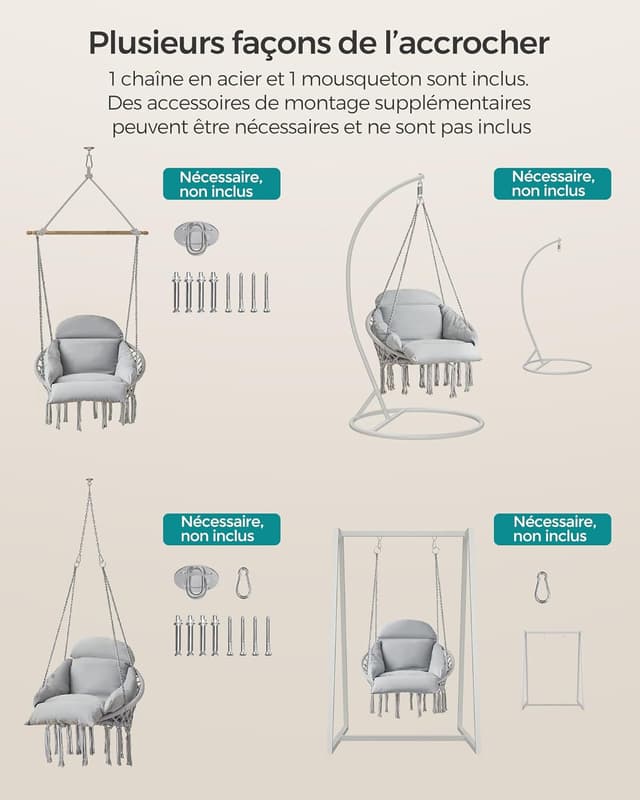 Detalle de SONGMICS Fauteuil suspendu GDC042G11V3 avec coussin épais et franges, capacité 120 kg, gris tourterelle