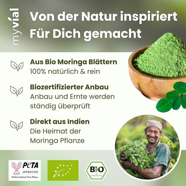 Detalle 2 de Bio Moringa Pulver 250 g – Premium Blattpulver aus Moringa oleifera (roh verarbeitet), vegan, plastikfrei