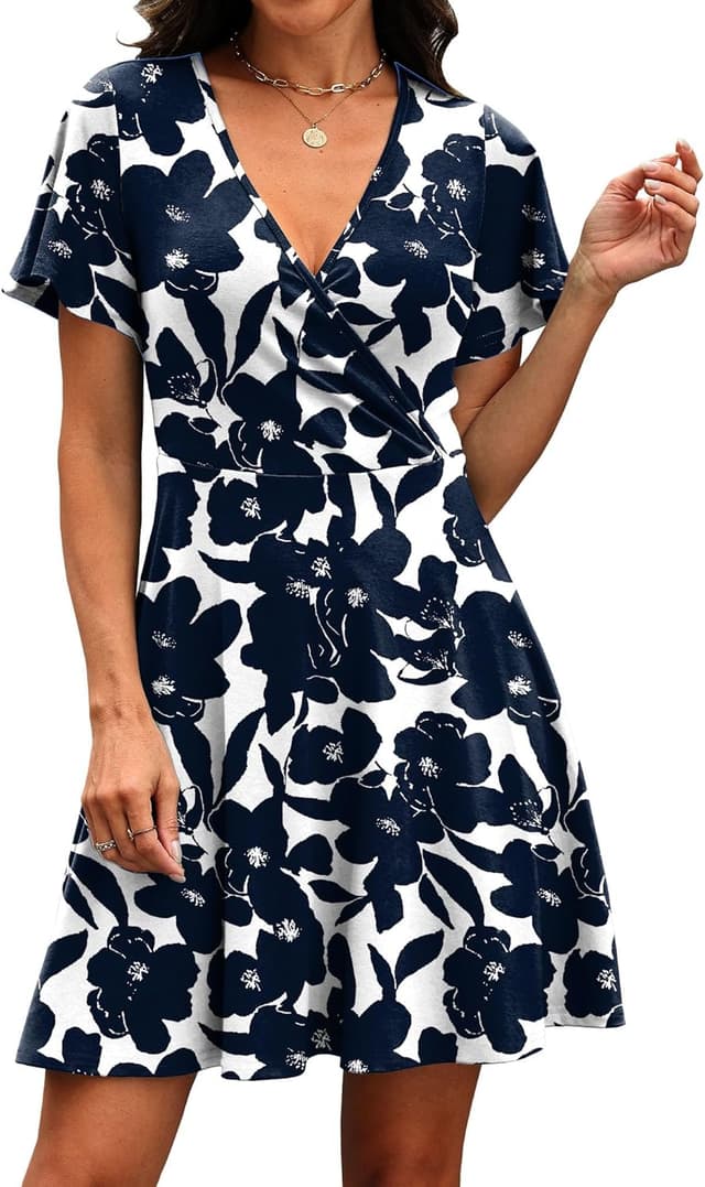 Detalle de RUMIA Women’s Wrap V-Neck A-Line Ruffle Sleeve Summer Sundress