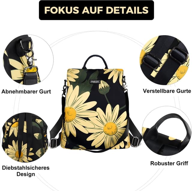 Detalle 2 de Fmeida Damen-Rucksack Anti-Diebstahl aus Nylon – 2-in-1 Schultertasche & Daypack (wasserabweisend)