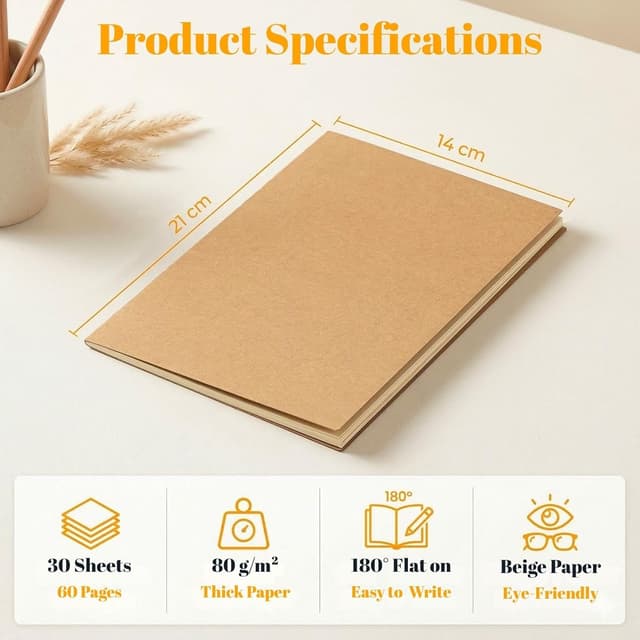 Detalle de VEESUN Notizbuch A5 blanko (30er Pack) mit Kraft-Cover – 60 weiße Seiten pro Heft