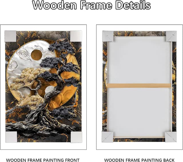 Detalle de HALFLEMART Yin-Yang-Baum Leinwandbilder mit Rahmen 30x40 cm – Schwarz/Braun/Silber, zum Aufhängen