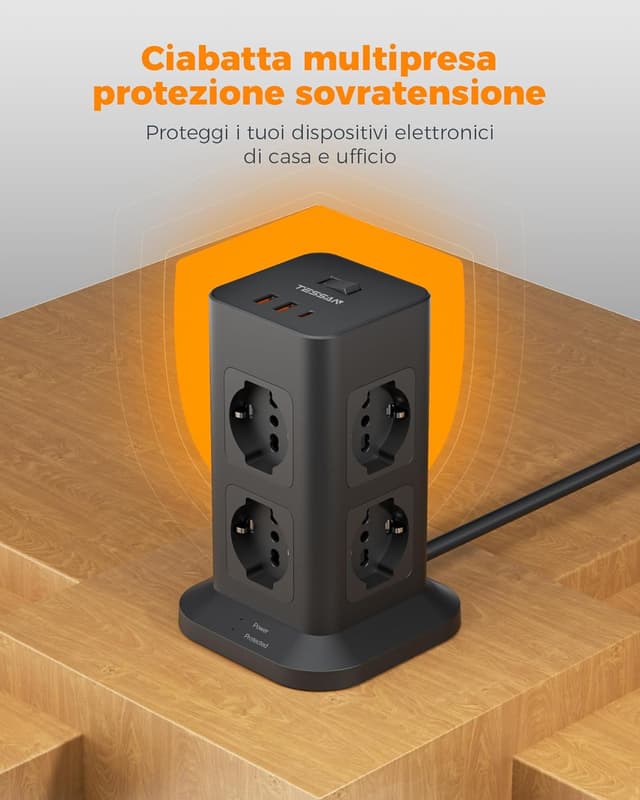 Detalle 2 de TESSAN Ciabatta multipresa verticale con USB 20W, 8 prese IT e protezione da sovratensione (2 m)