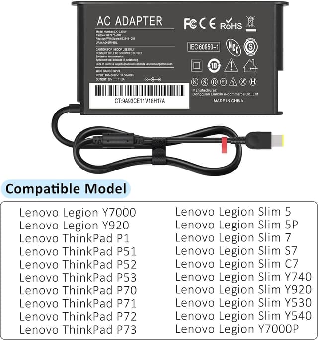 Detalle de MAXPOR Slim 230W Gaming Laptop Charger for Lenovo Legion & ThinkPad (Square Yellow Tip)