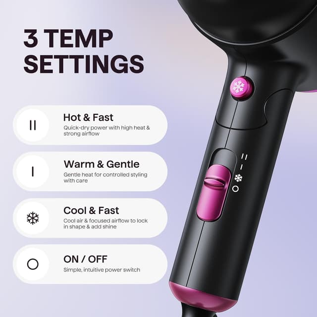 Detalle 2 de Wavytalk Hair Dryer with Diffuser (Foldable, 1600W) — Compact travel blow dryer for curls and waves, Black