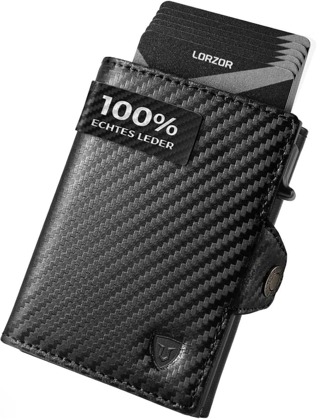 Detalle de LORZOR Slim Wallet mit Münzfach (Carbon schwarz) – Herren-Portemonnaie aus echtem Leder mit RFID-Schutz