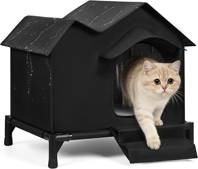 Detalle de Large Outdoor Elevated Double-roof Waterproof Cat House with Stairs, Winter & Summer Weatherproof Warm Shelter (Black)